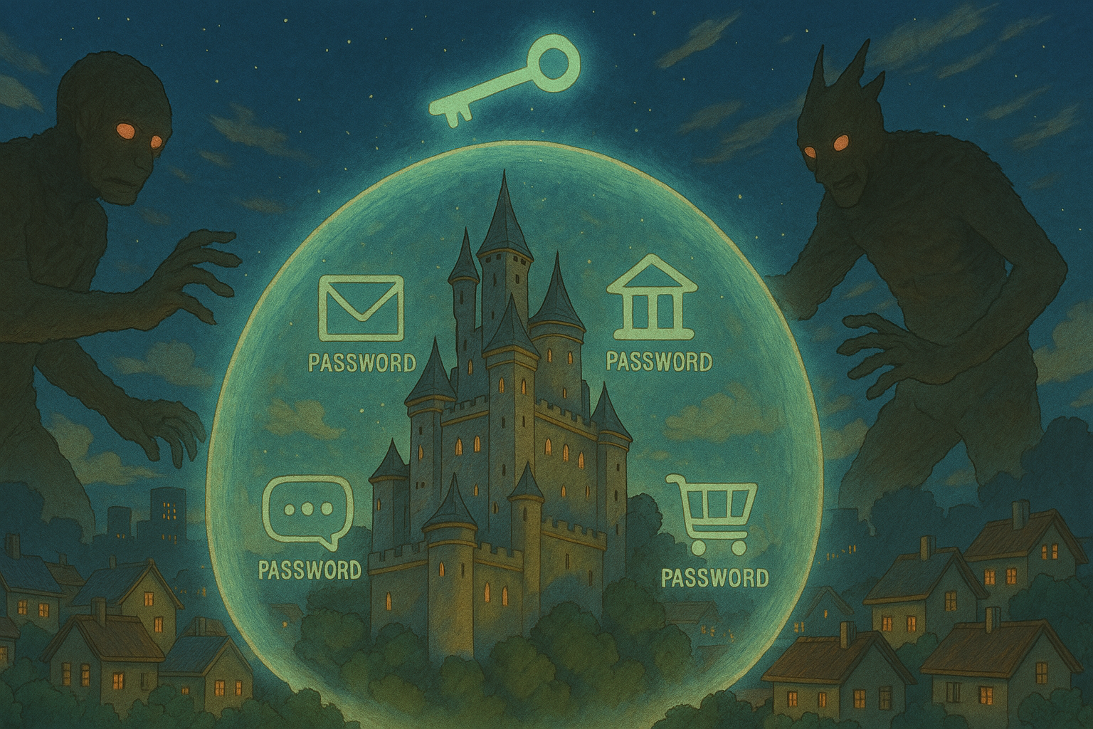 Illustration of a secure password manager vault protecting digital accounts